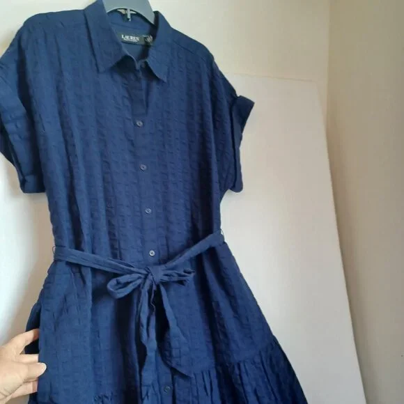 Ralph Lauren Dress Black Label Navy Blue Cotton Tiered Seersucker Womens 8 - Picture 3 of 10